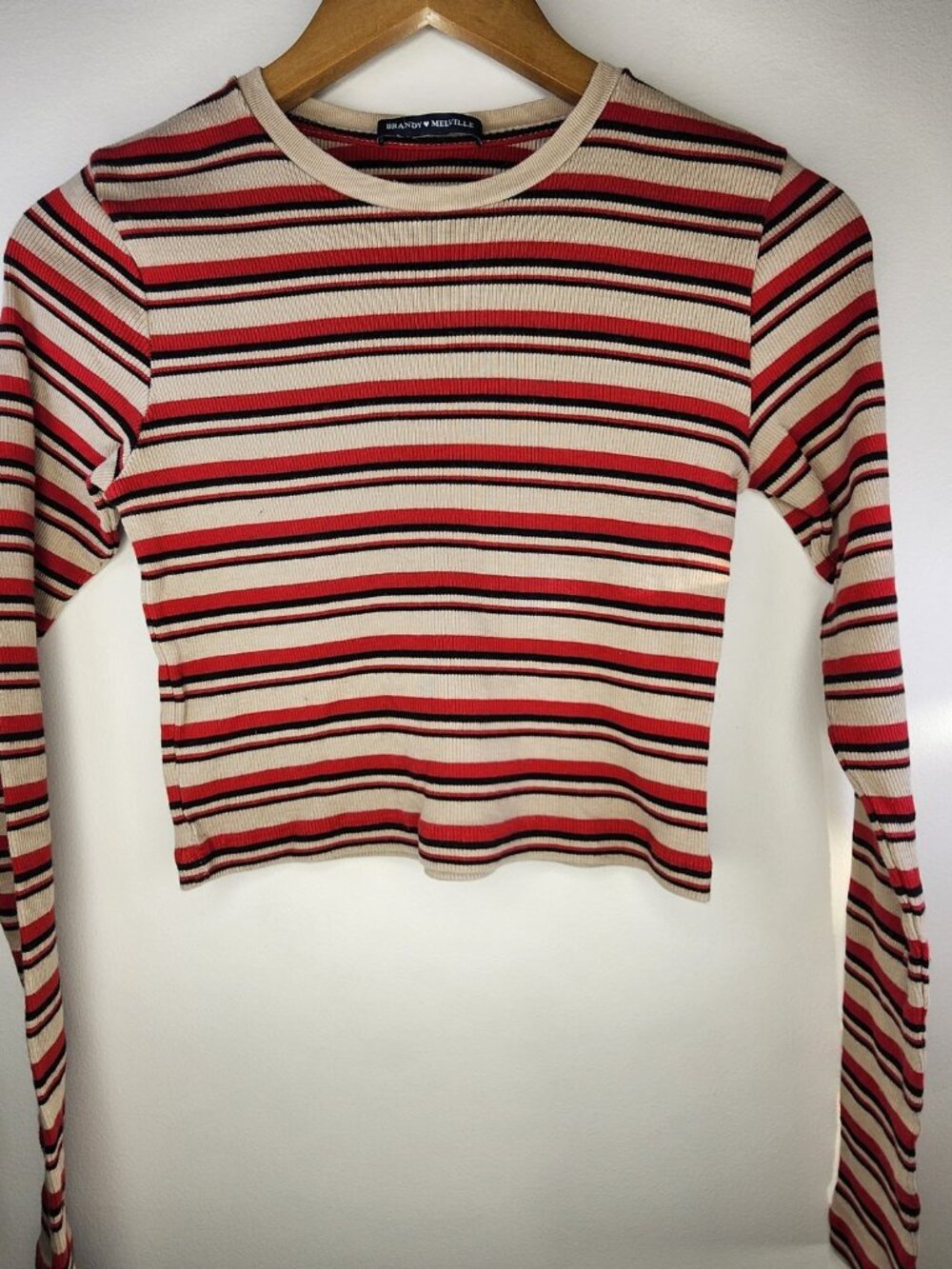 Brandy Melville Stripe Ribbed Crop Top — Red/Cream, One Size | Long Sleeve Y2K